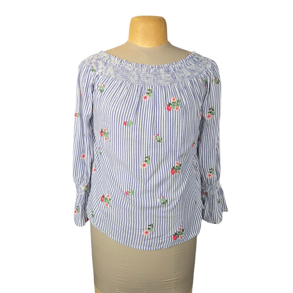 Miss Me Womens Medium Striped Floral Embroidered Peasant Blouse Blue White Top